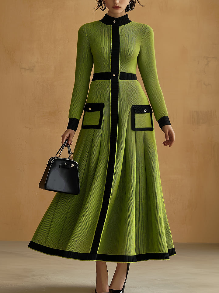 Elegant Green Knitted Shirt Dress With Black Trim