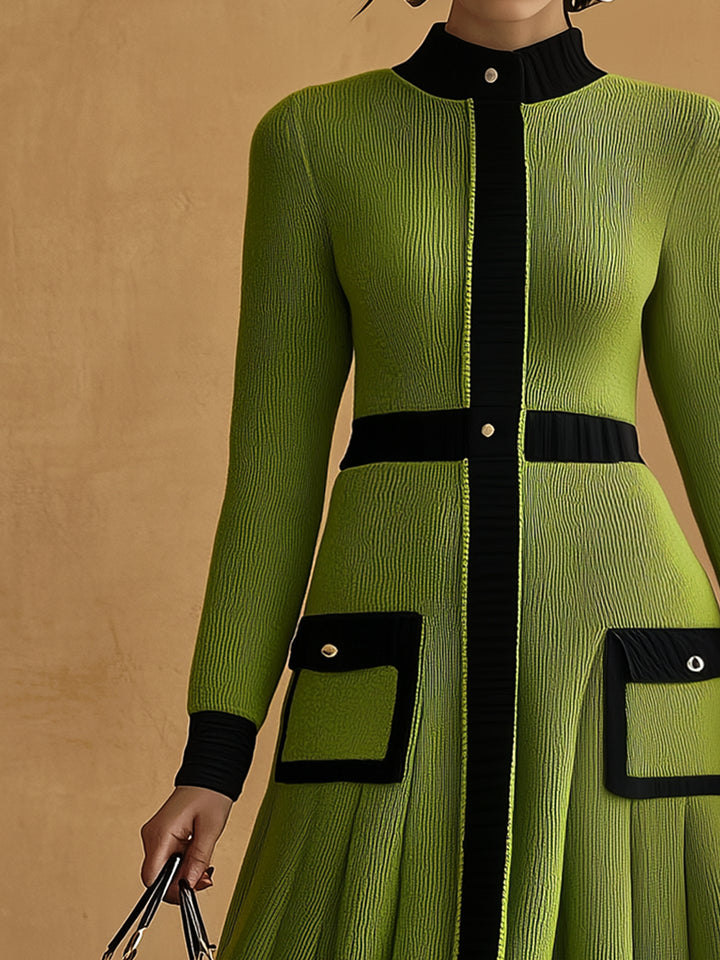 Elegant Green Knitted Shirt Dress With Black Trim