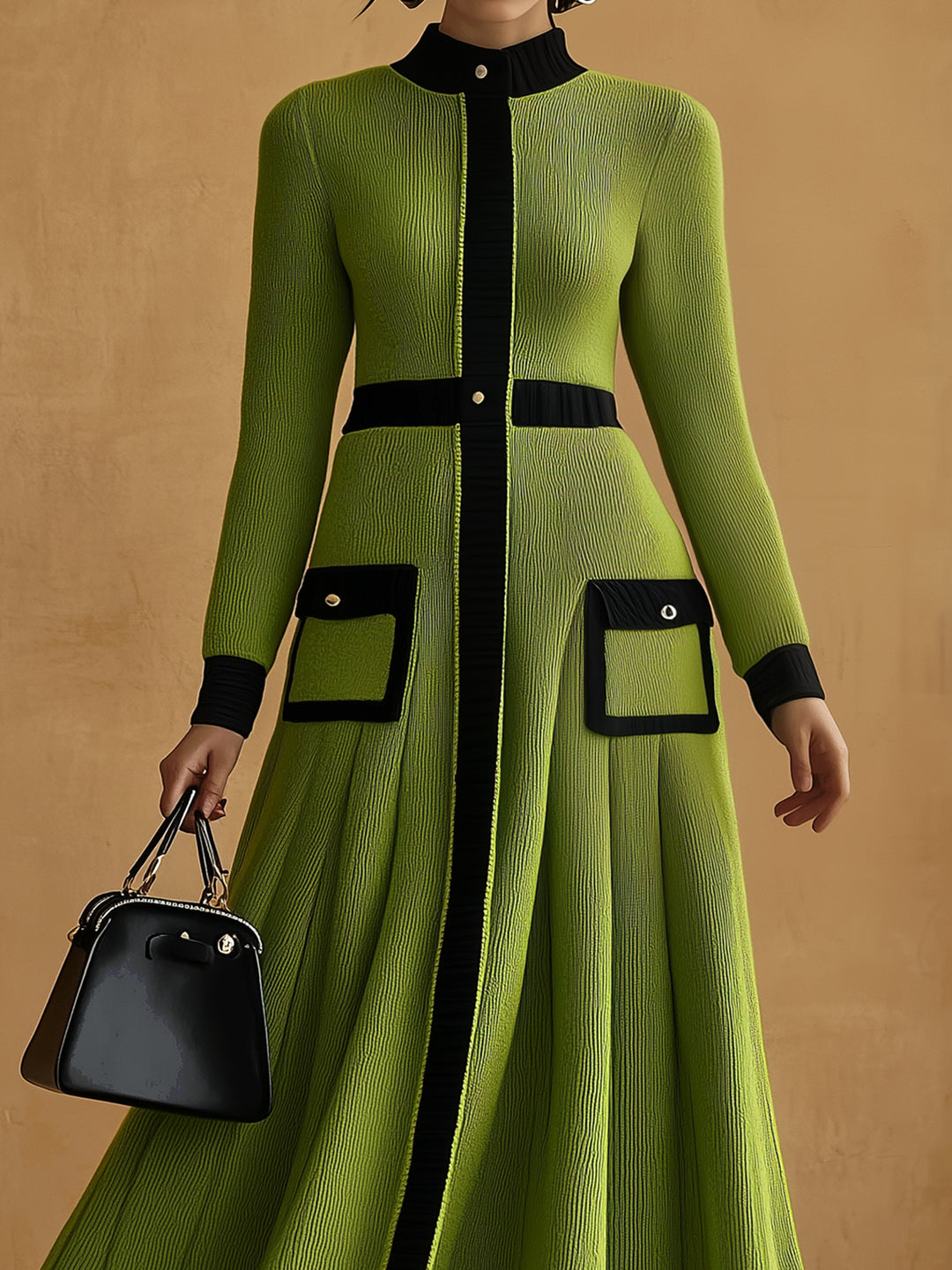 Elegant Green Knitted Shirt Dress With Black Trim